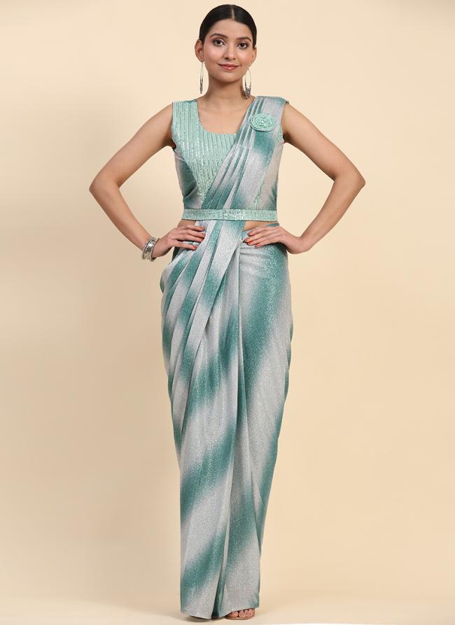 Polyster Sea Green  Party Wear Embroidery Work Ready To Wear Saree